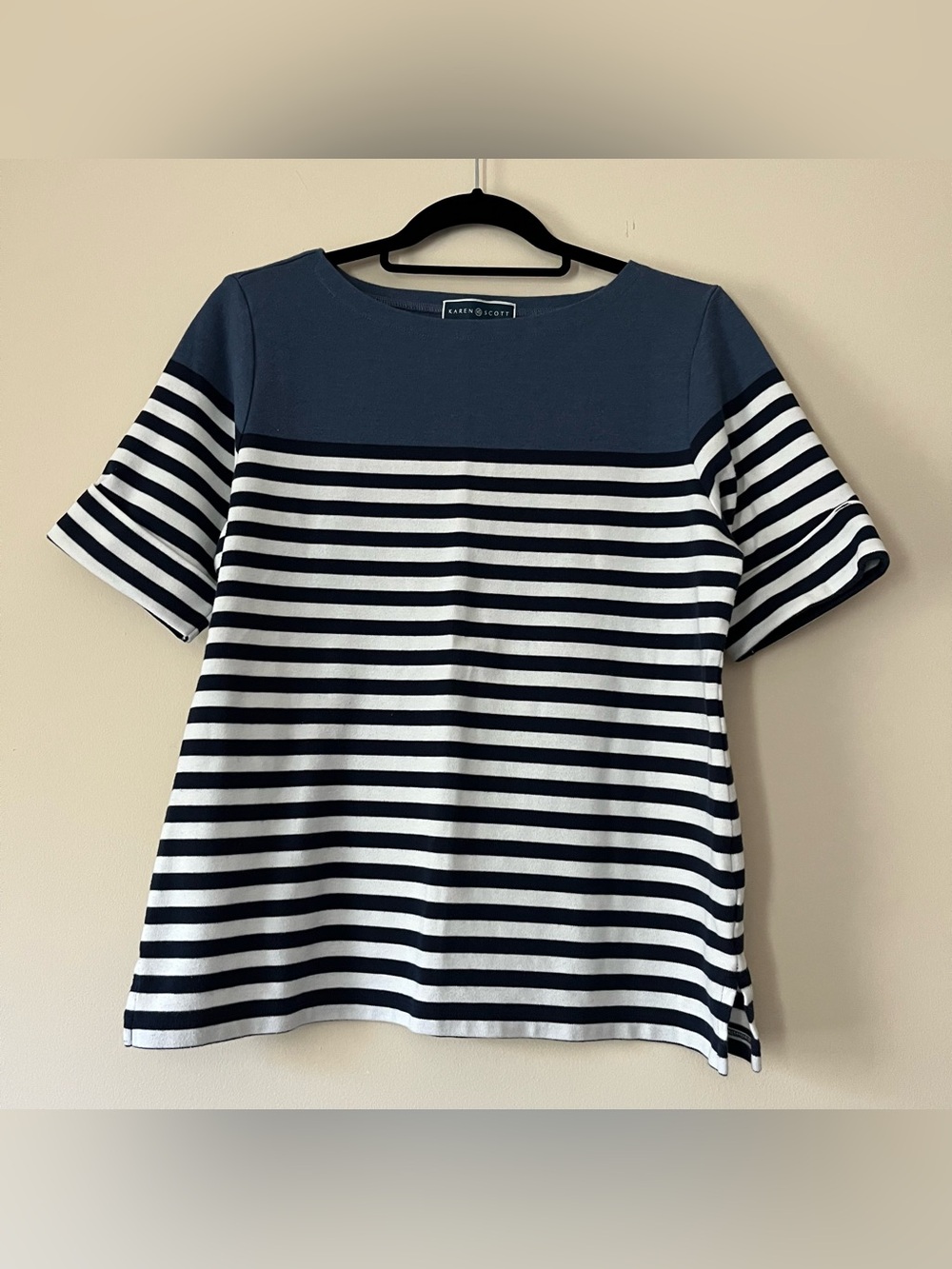 Karen Scott Striped Cuffed-Sleeve Knit Shirt
